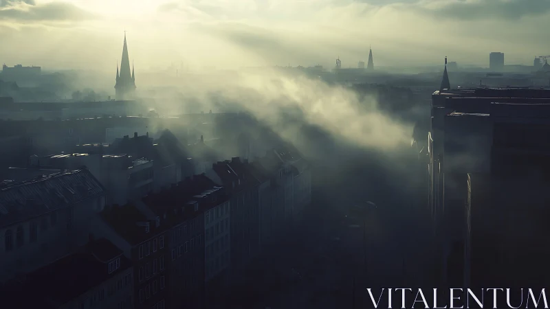 Morning fog drifts through dense city rooftops and steeples