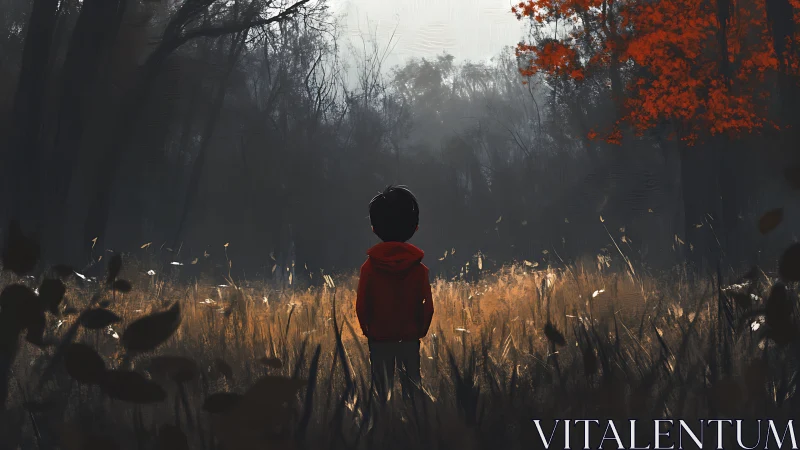 Solitary child in misty autumn forest clearing at dusk.