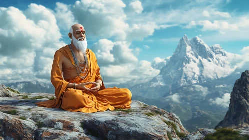 Elderly monk figure sits on rocky ledge before alpine peaks
