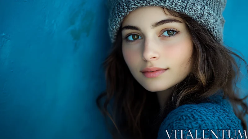 Photorealistic portrait with teal tonal field and soft focus depth.