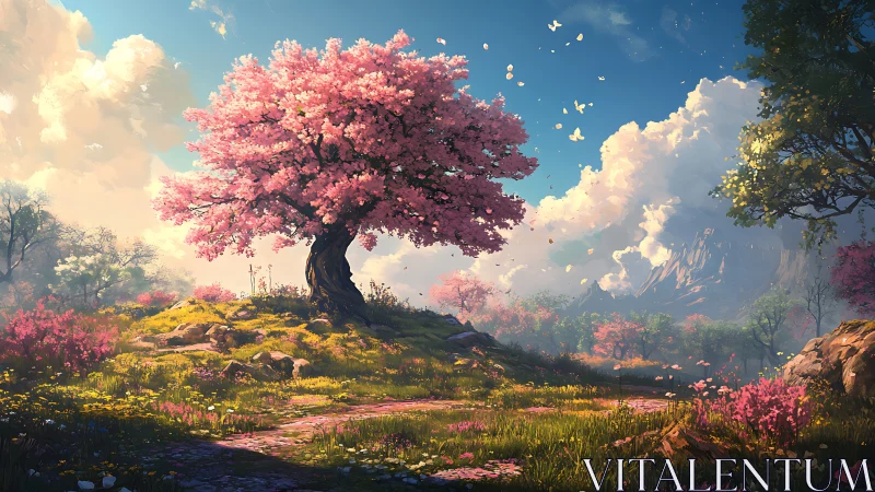 Pink blossom tree dominates sunlit spring meadow landscape