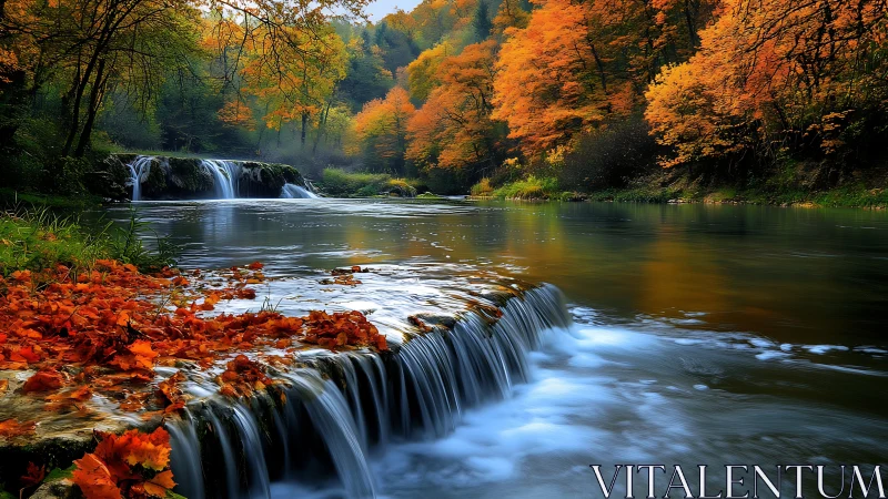 Autumn forest river with tiered cascades and blurred water flow