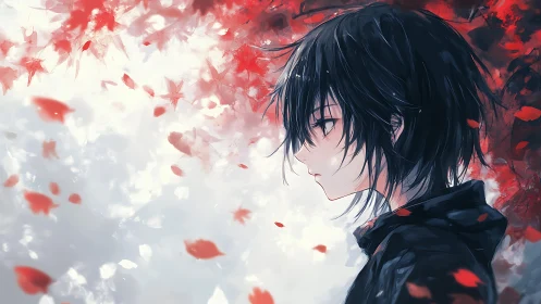 Melancholic anime youth stands amid drifting scarlet leaves