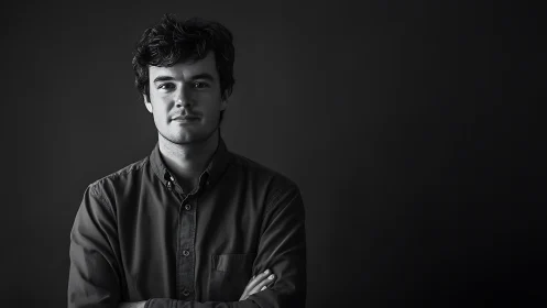 Monochrome studio portrait with negative space composition.