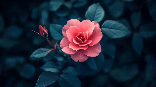 Coral Rose Bloom Against Teal Foliage Backdrop.