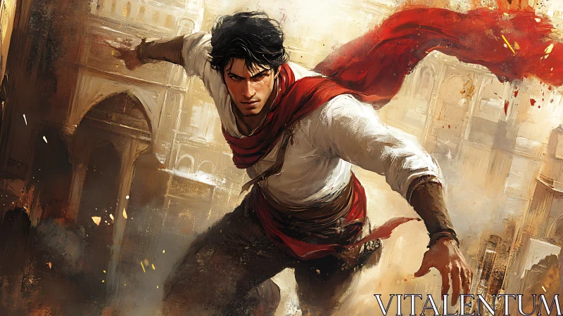 Dynamic parkour runner in dusty Middle Eastern cityscape environment