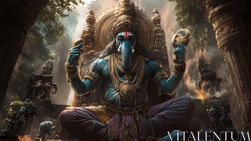 Blue elephant-headed deity in ornate stone jungle temple