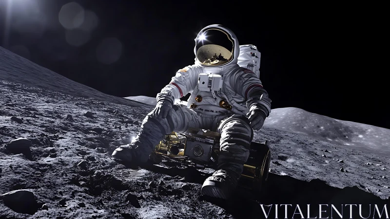 Lone astronaut resting on moon surface under stark starlight.