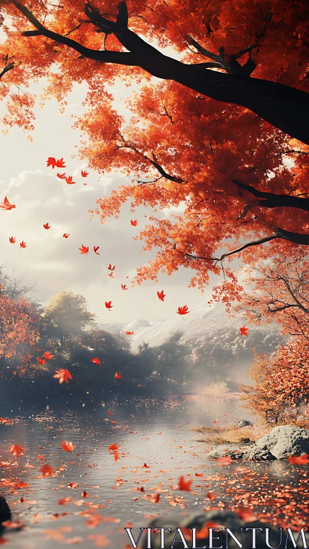 Autumn foliage over calm river and distant mountain ridge.
