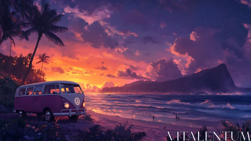 Volkswagen van parked on tropical beach at sunset horizon.