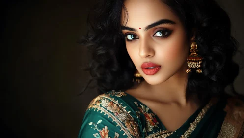 Elegant woman in green sari with traditional jewelry, portrait style.