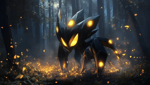 Luminescent obsidian mech-creature in ember-lit forestscape.