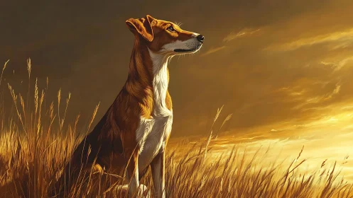 Golden-hour canine portrait in windswept prairie light.