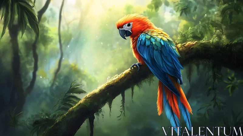 Vibrant Macaw Perched in Lush Jungle, Lifelike Digital Art.