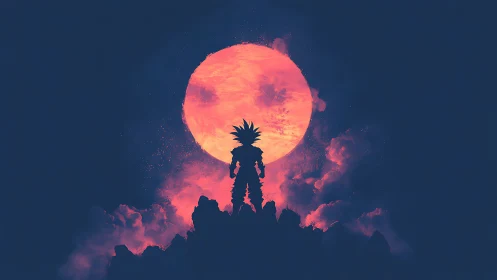 Silhouetted warrior stands before large glowing moon.