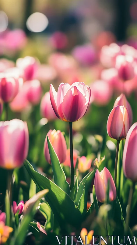 Pink Tulips Bask in Golden Sunlight.
