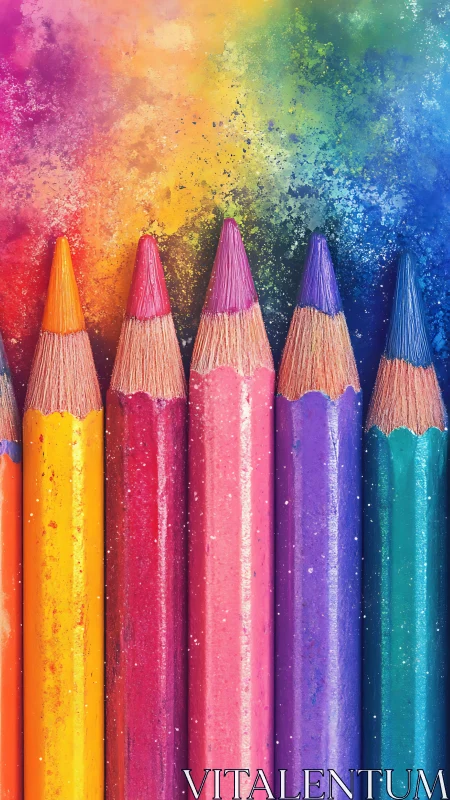 Row of sharpened colored pencils against pigment field.