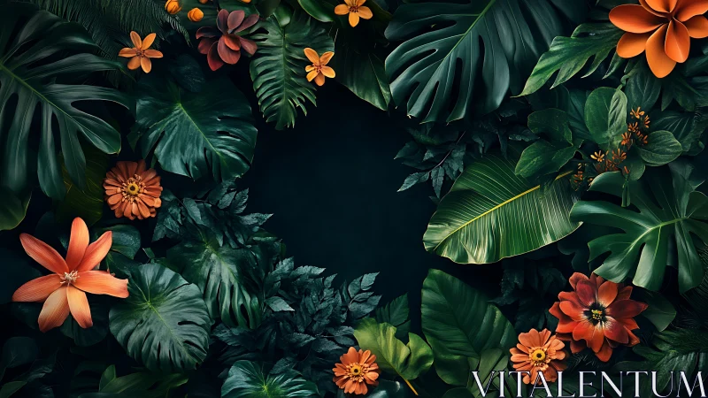 Lush tropical leaves frame vibrant orange blossoms dramatically.