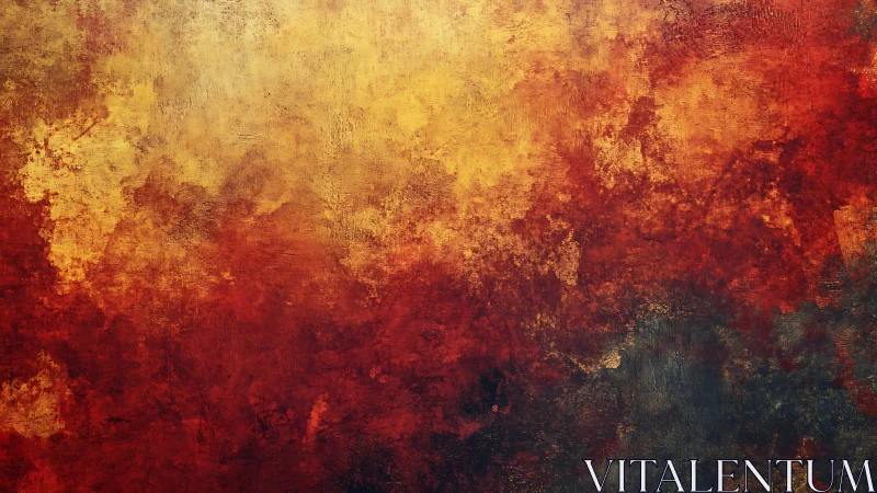 Abstract textured painting with bold red and gold tones.