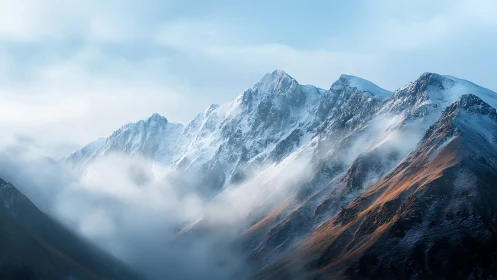 Snow-covered mountain ridge with low cloud and light haze.