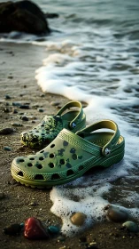 Tidal-washed camo clogs with perforated EVA drainage geometry.