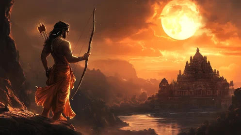 Warrior archer overlooking temple under blazing full moon.