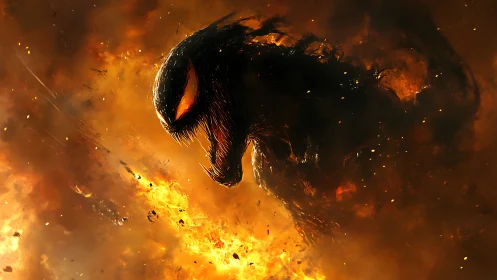 Infernal shadow serpent rising through stormfire and smoke.