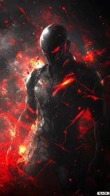 Armored cyber warrior emerges from blazing red inferno