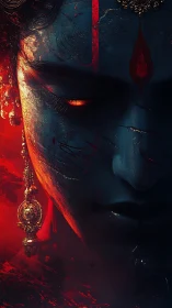 Mythic blue visage rendered in high-contrast digital chiaroscuro