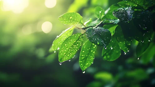 Sunlit green leaves carry uniform raindrops along branch