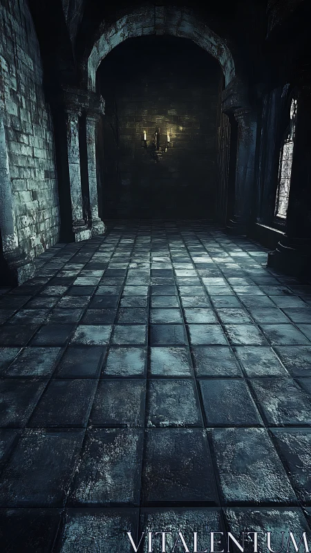 Damp stone corridor with single candelabra light source.