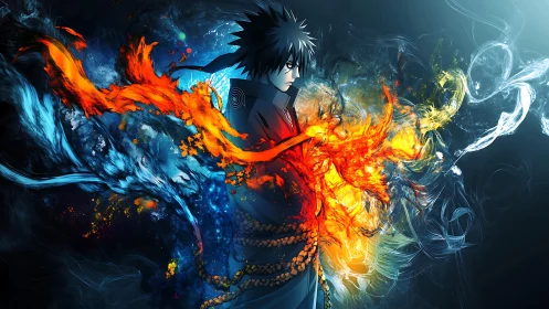 Storm of fire and ice surrounding a focused anime hero.