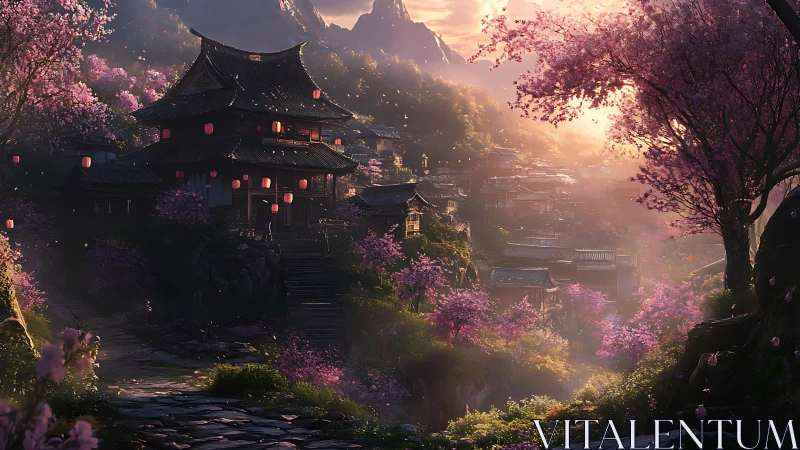 Twilight temple village beneath luminous cherry blossoms.