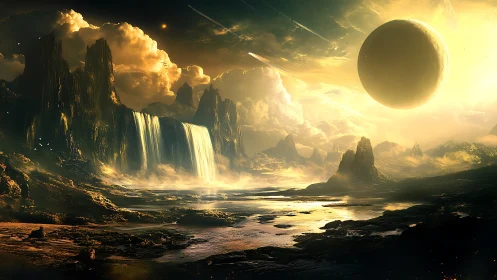 Alien landscape with waterfalls and large sunlit planet.