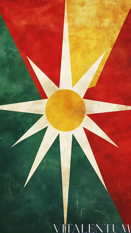 Geometric sunburst over textured tricolor background.
