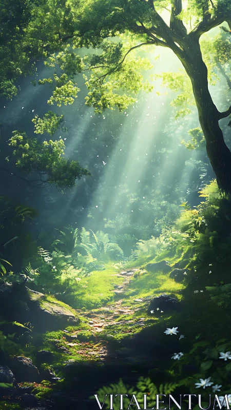 Radiant forest grove with volumetric light rays penetrating canopy layered architecture