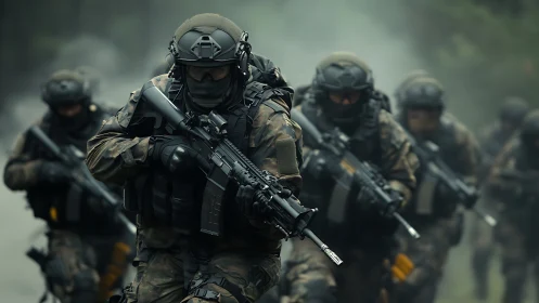 Armed tactical unit advancing through misted forest area.