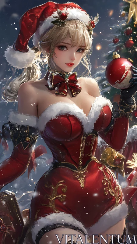 Female character in red Santa outfit holding ornament outdoors.
