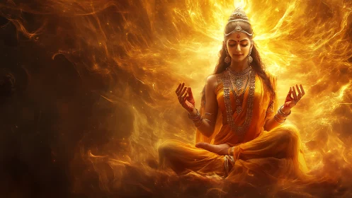 Meditating goddess figure sits in fiery golden energy field