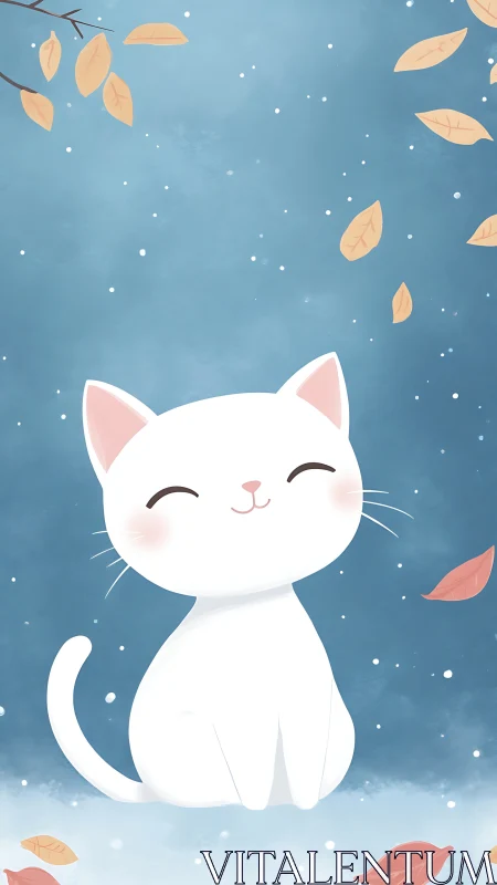 Serene White Cat Amid Falling Autumn Leaves.