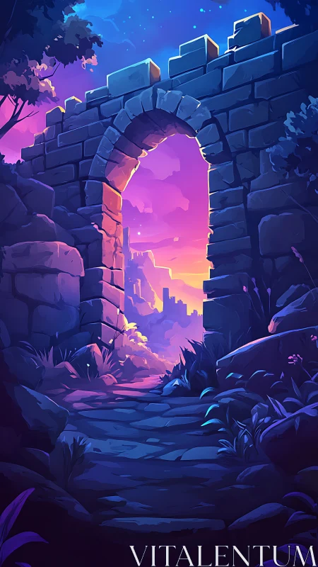 Stone archway framing dusk-lit valley and distant ruins.