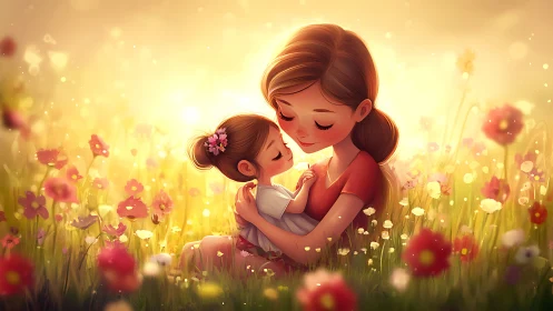 Mother and child embrace in flower field at golden hour.