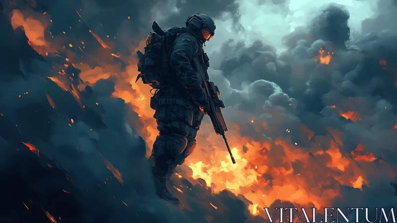 Digital combat silhouette in incendiary atmospheric field.