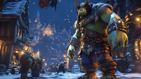 Armored orc warlord dominates snowy medieval street.