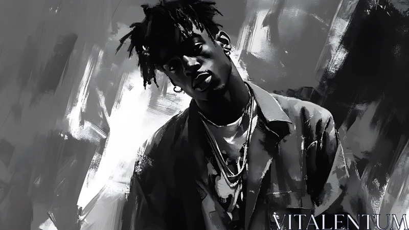 Monochrome street poet leaning through stormy brushstrokes.