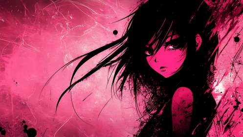 Pink monochrome anime girl in rough ink splatter style.