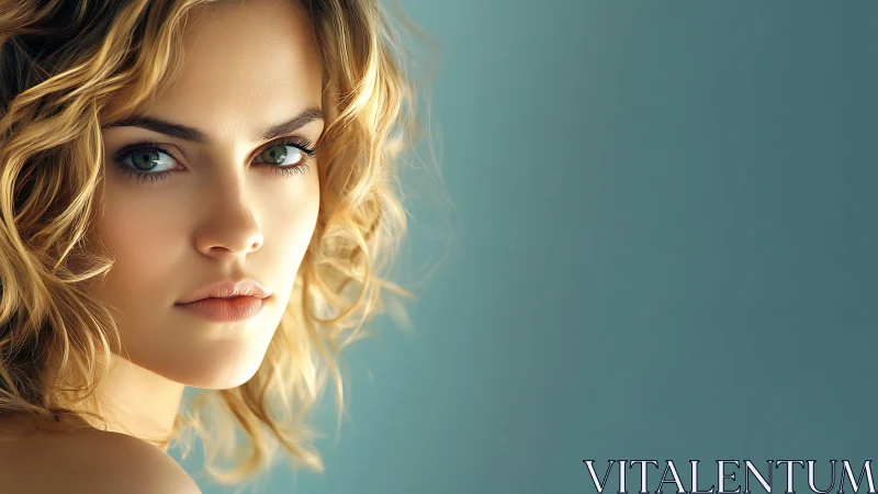 Photorealistic soft-portrait headshot with teal negative space.