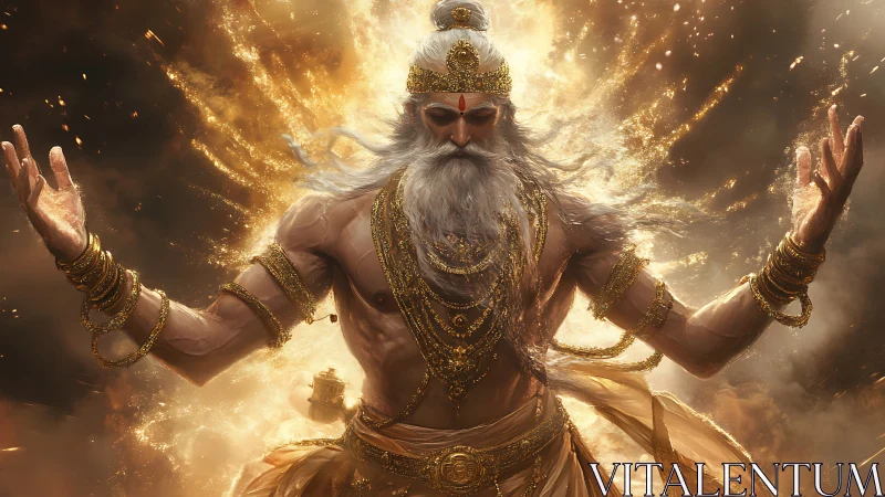 Elderly bearded figure with gold ornaments amid radiant burst.