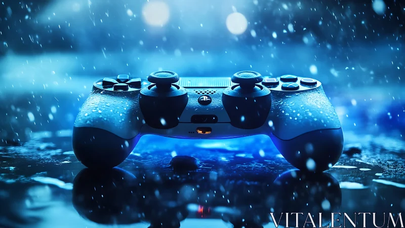 Gaming controller positioned in shallow water with particle rain effect