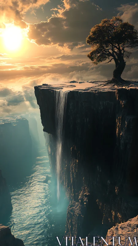 Lone cliffside tree guarding a skyfall into glowing canyon.